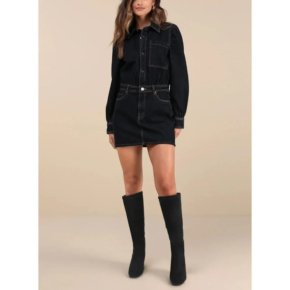 Women's Black Suede Faux Leather Fashion Square Toe Chunky Heel Knee High Boots